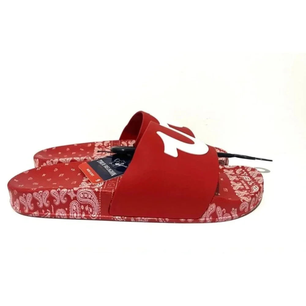 True Religion Mens Red Paisley Slide Sandals Slip On Flip Flop Shoes Size 11 New
